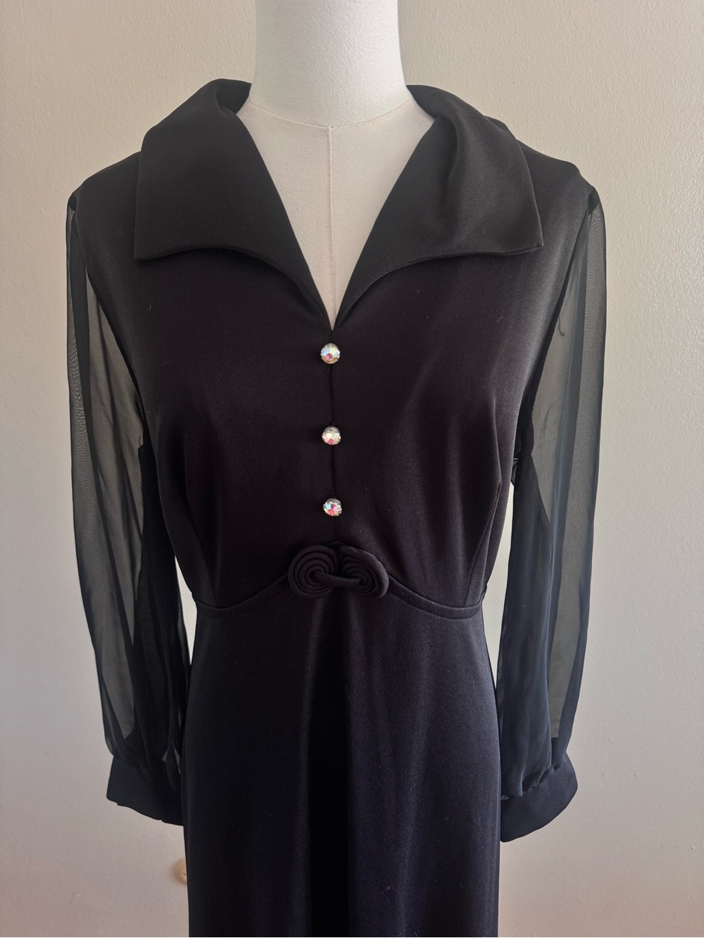 Vintage 1970s Lily& Lyn Black Maxi Dress Sheer Sleeves Rhinestone - Picture 4 of 11